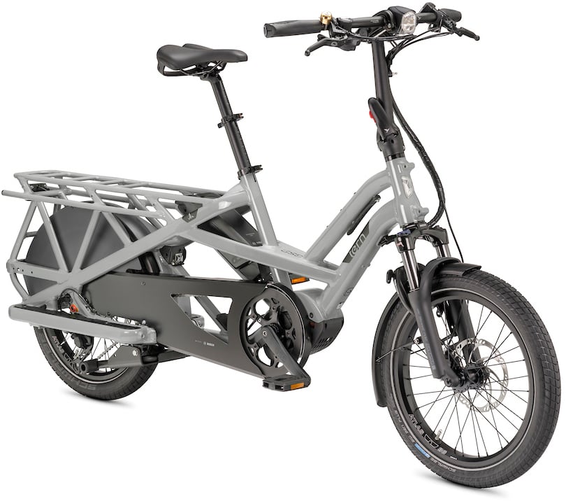 2023 Tern GSD S10 LR 400Wh Performance CX Electric Cargo Bike In Gloss Rhino Grey Angled Front View