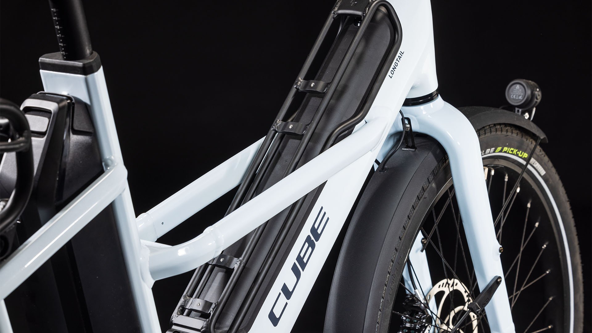 2024 Cube Longtail Sport Hybrid 725 Electric Cargo Bike In Flashwhite Reflex Downtube and Crossbar
