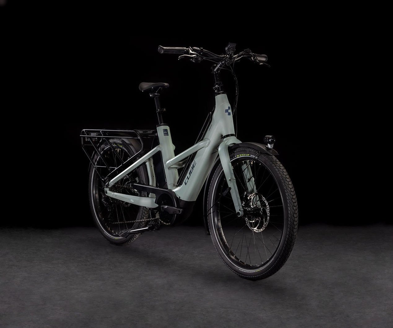 2024 Cube Longtail Sport Hybrid 725 Electric Cargo Bike In Swampgrey Reflex Angled Front View