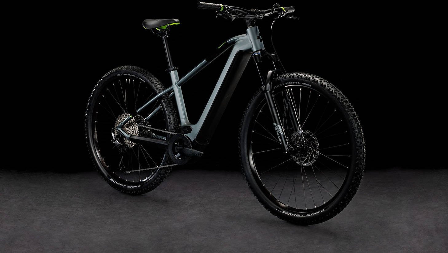 2024 Cube Reaction Hybrid Pro 625 Crossbar Electric Hardtail Mountain Bike In Flash Grey Green Angled Front View