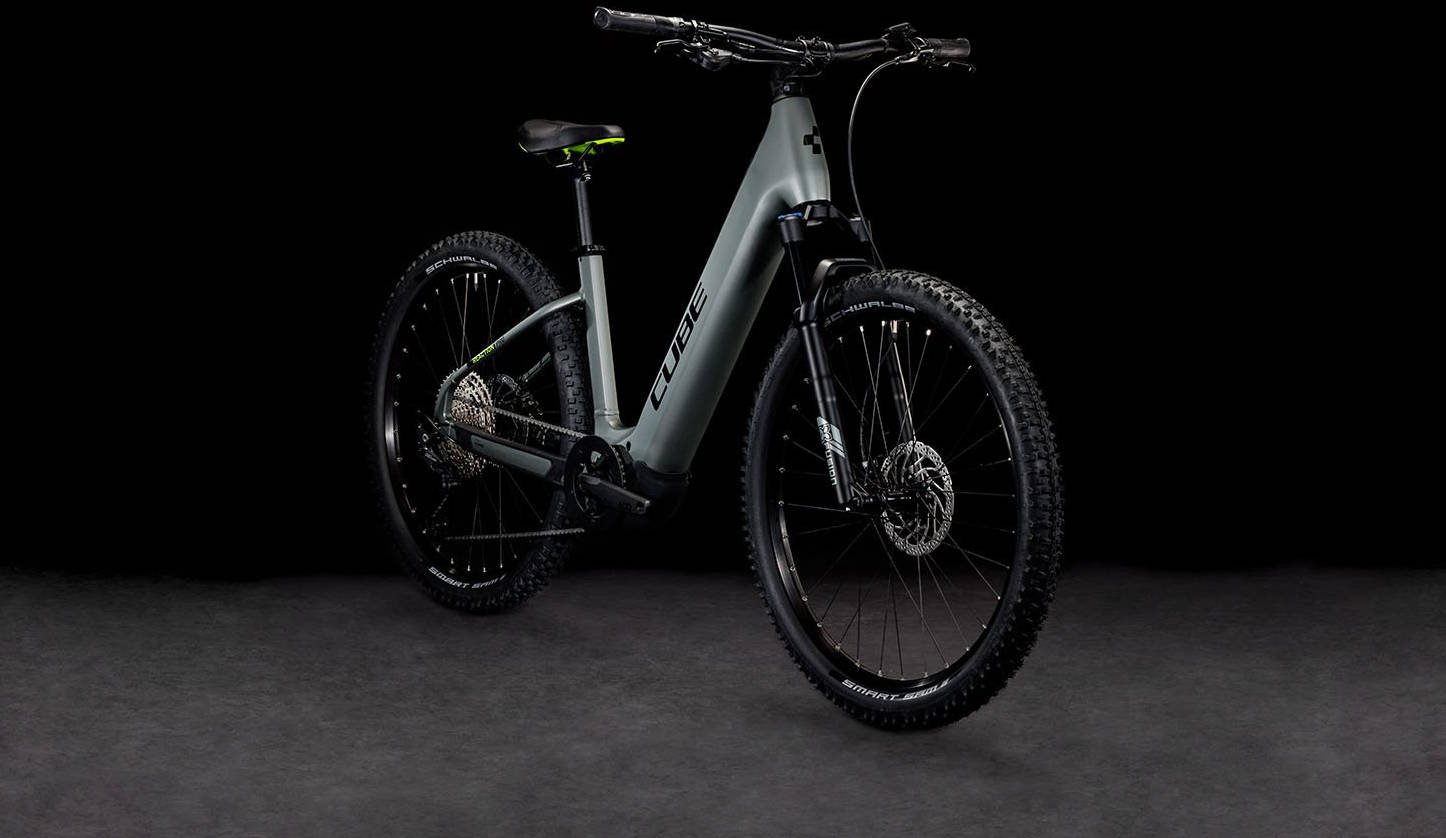 2024 Cube Reaction Hybrid Pro 625 Easy Entry Electric Hardtail Mountain Bike In Flash Grey Green Angled Front View