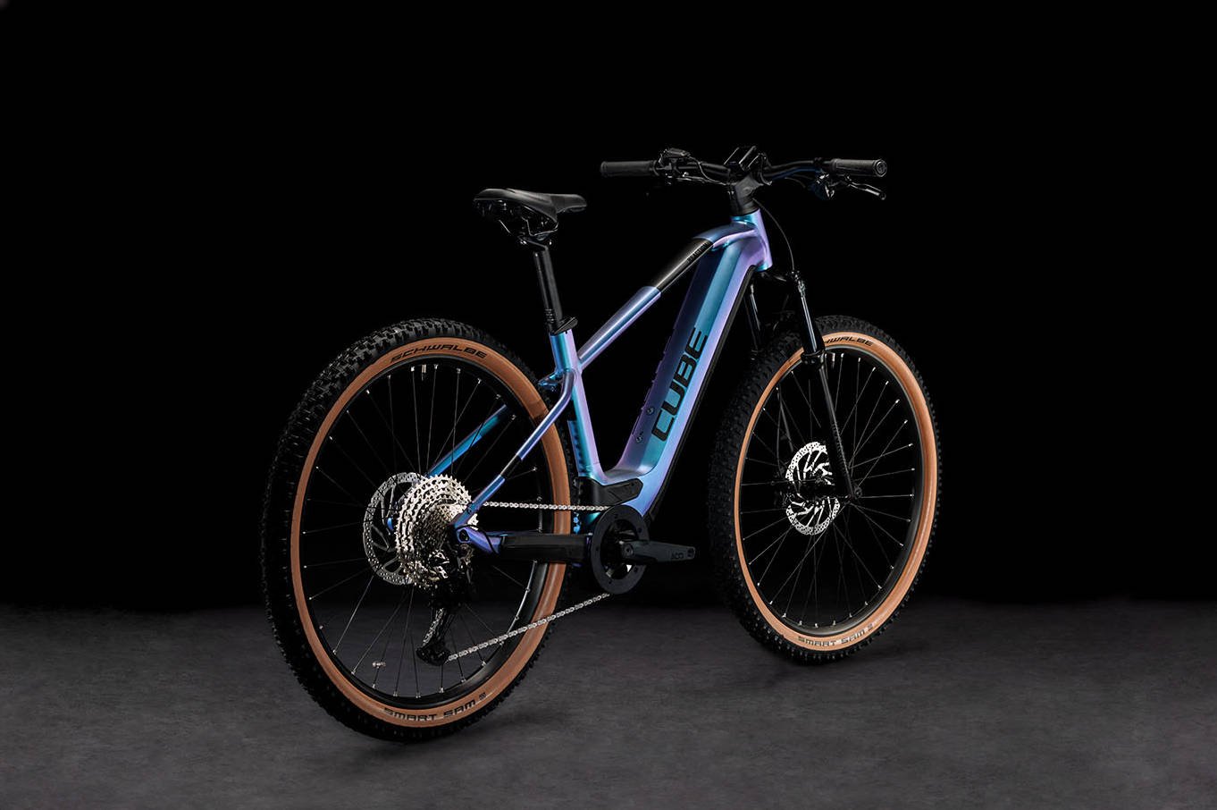 2024 Cube Reaction Hybrid Race 750 Electric Hardtail Mountain Bike In Switch Blue Angled Rear View