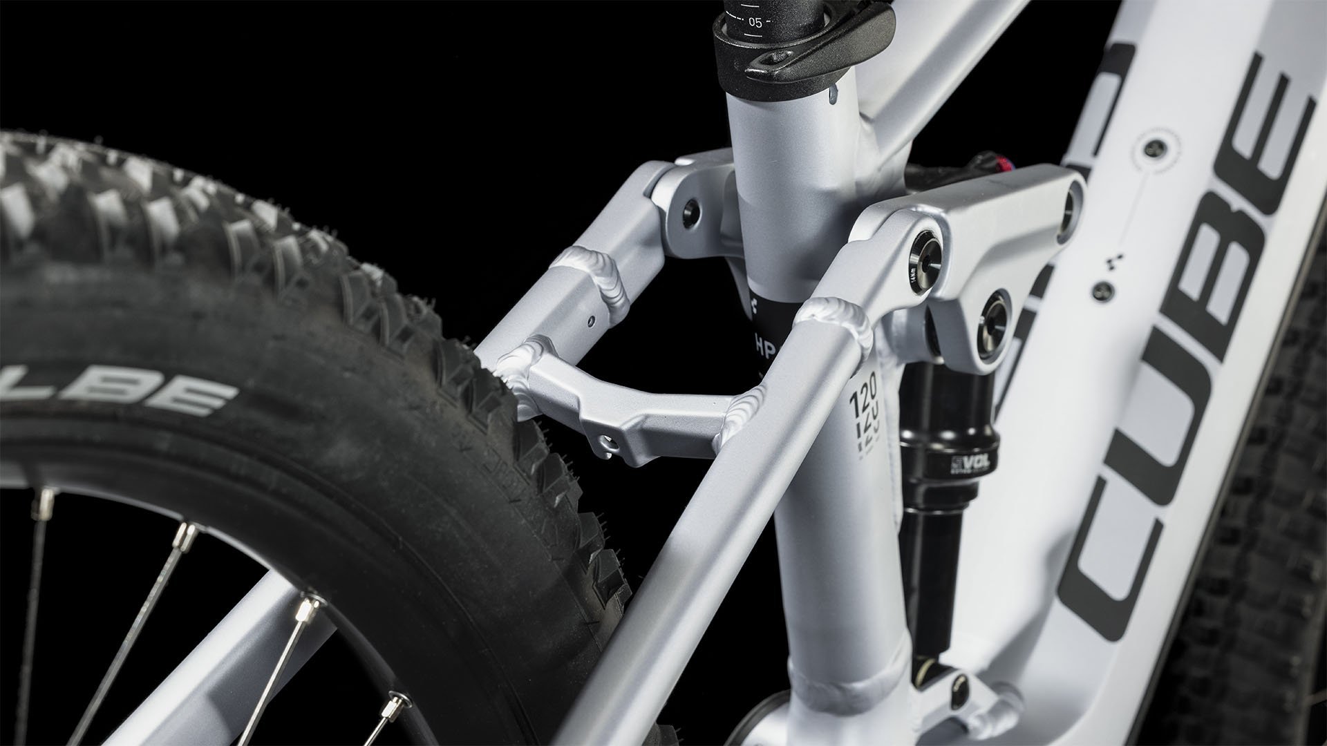 2024 Cube Stereo Hybrid 120 Race 750 Electric Full Suspension Mountain Bike In Polar Silver Angled Rear Close Up View