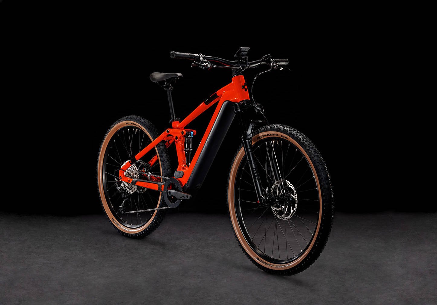 2024 Cube Stereo Hybrid 120 Race 750 Electric Full Suspension Mountain Bike In Spark Orange Angled Front View