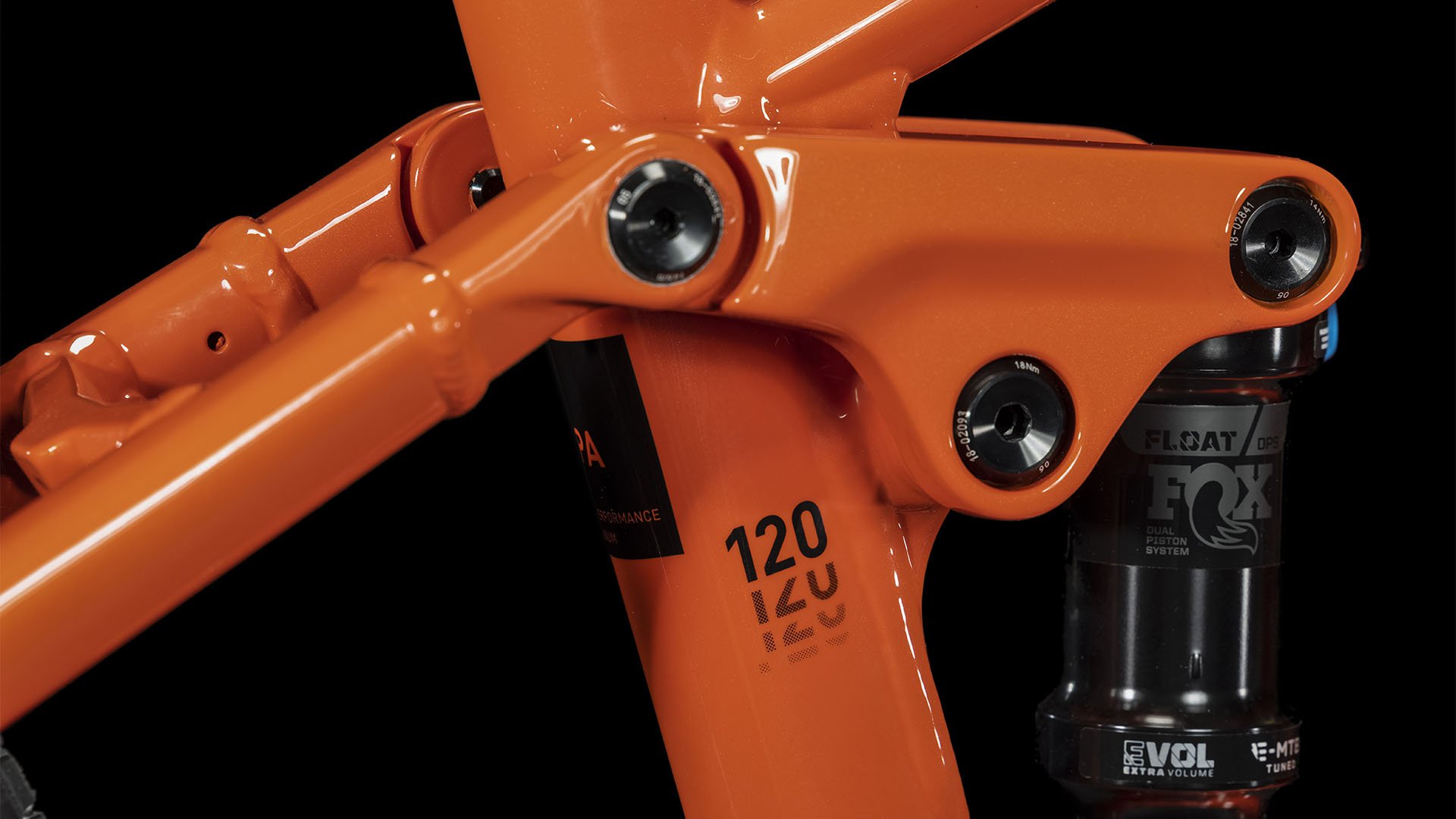 2024 Cube Stereo Hybrid 120 Race 750 Electric Full Suspension Mountain Bike In Spark Orange Rear Shock Close Up View