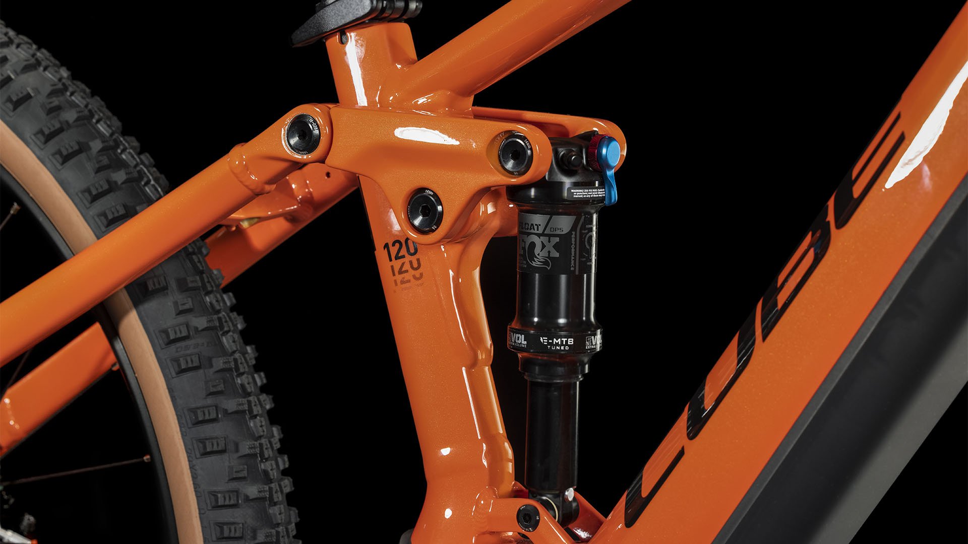 2024 Cube Stereo Hybrid 120 Race 750 Electric Full Suspension Mountain Bike In Spark Orange Rear Shock