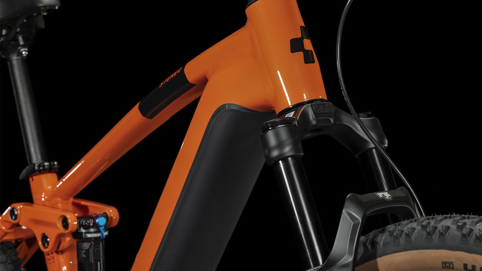 2024 Cube Stereo Hybrid 120 Race 750 Electric Full Suspension Mountain Bike In Spark Orange Stem and Fork