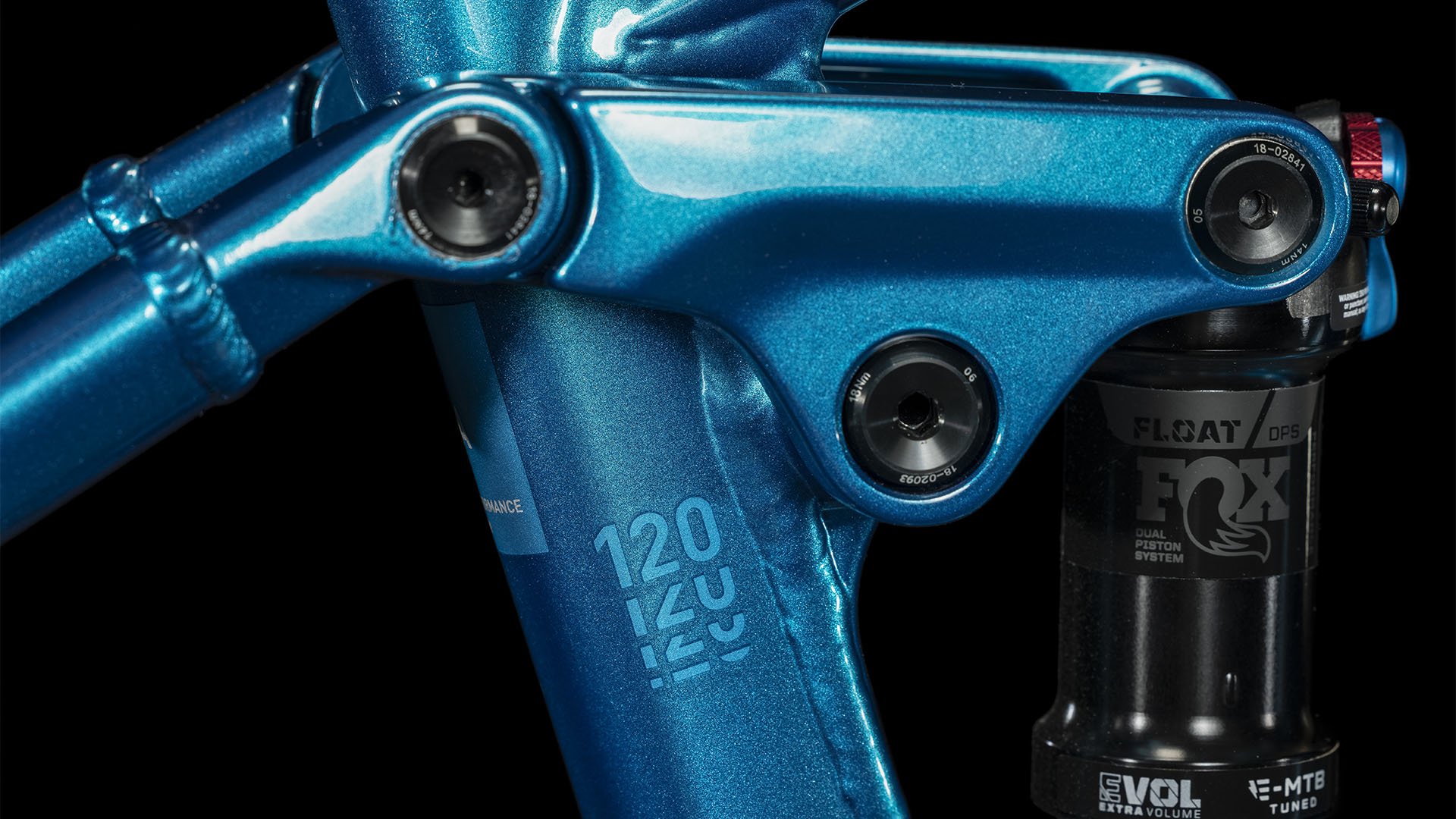 2024 Cube Stereo Hybrid 120 SLX 750 Electric Full Suspension Mountain Bike In Electric Blue Rear Shock Close Up View