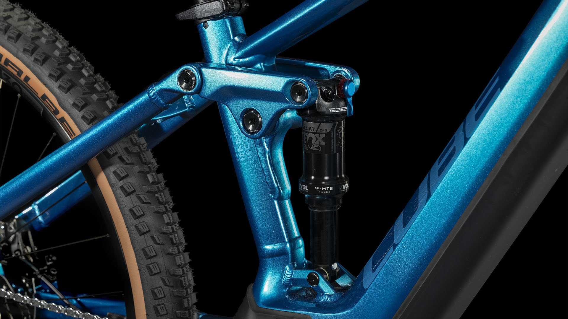 2024 Cube Stereo Hybrid 120 SLX 750 Electric Full Suspension Mountain Bike In Electric Blue Rear Shock
