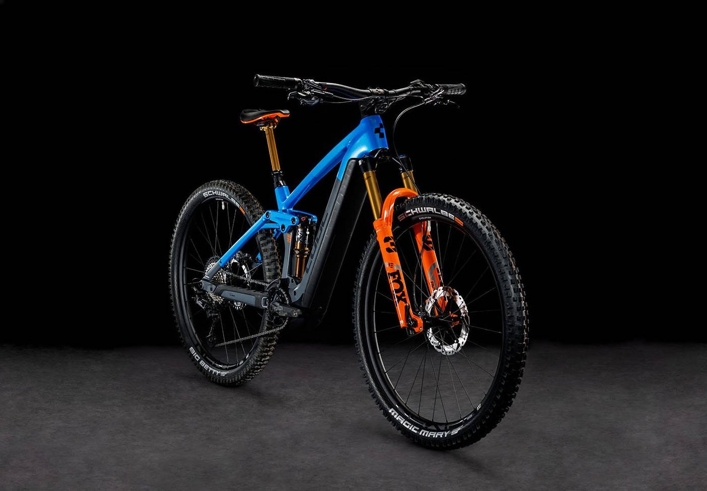 2024 Cube Stereo Hybrid 140 HPC Actionteam 750 Full Suspension Electric Mountain Bike Angled Front View