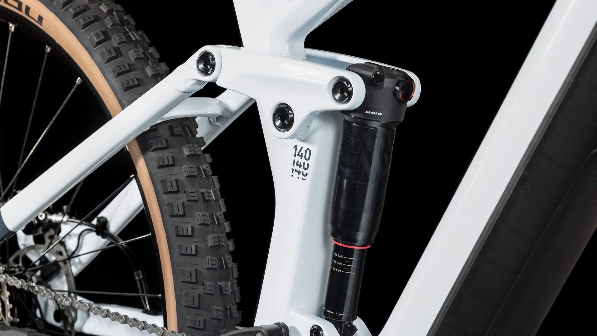 2024 Cube Stereo Hybrid 140 HPC Pro 750 Electric Full Suspension Mountain Bike In Frost White Rear Shock
