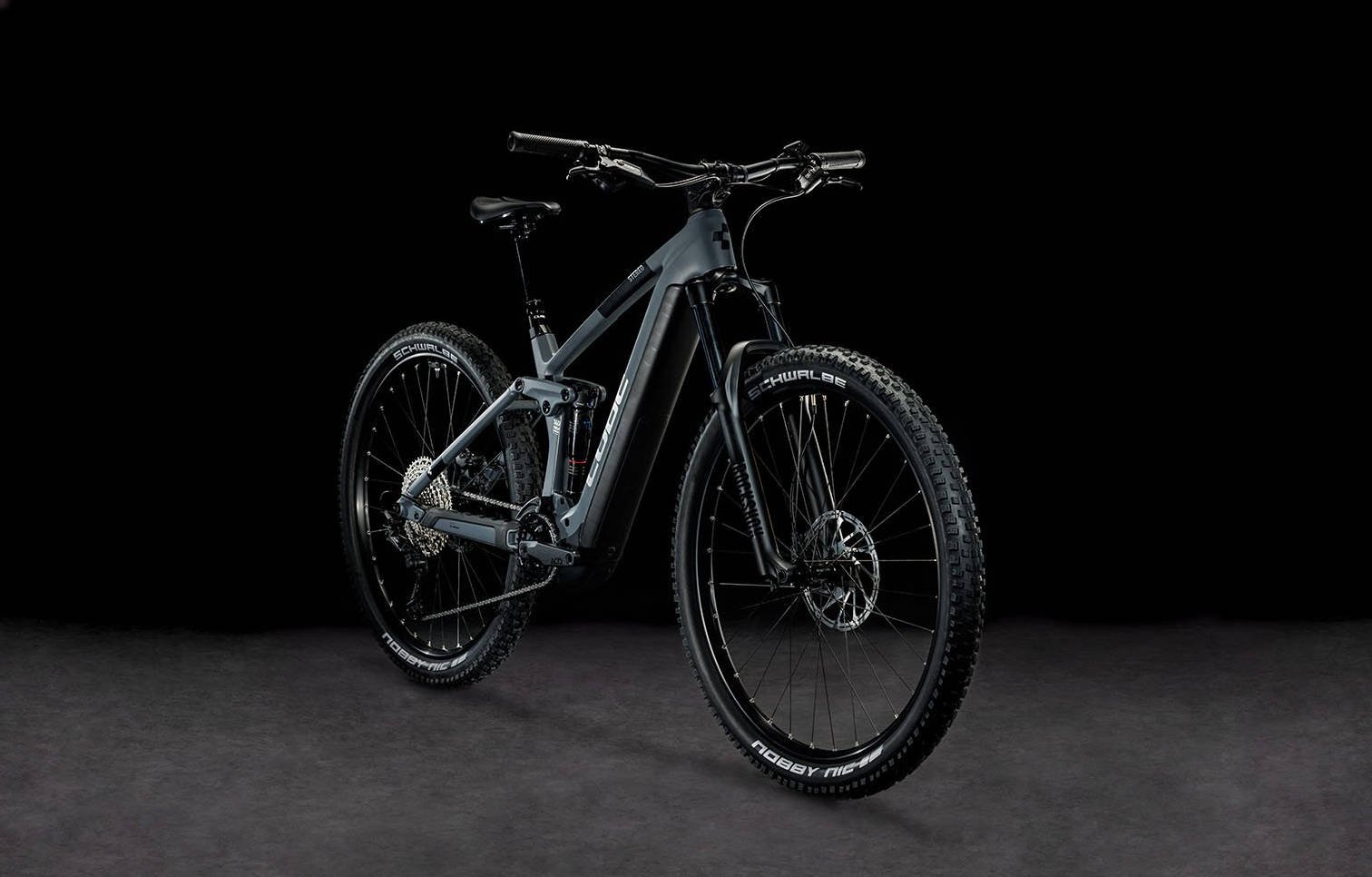 2024 Cube Stereo Hybrid 140 HPC Race 750 Electric Full Suspension Mountain Bike In Grey Chrome Angled Front View