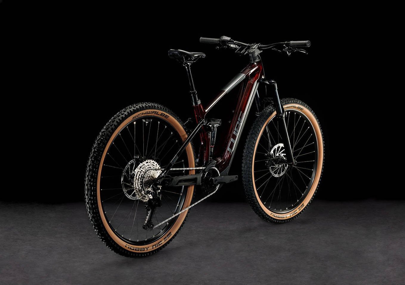 2024 Cube Stereo Hybrid 140 HPC Race 750 Electric Full Suspension Mountain Bike In Liquid Red Angled Rear View