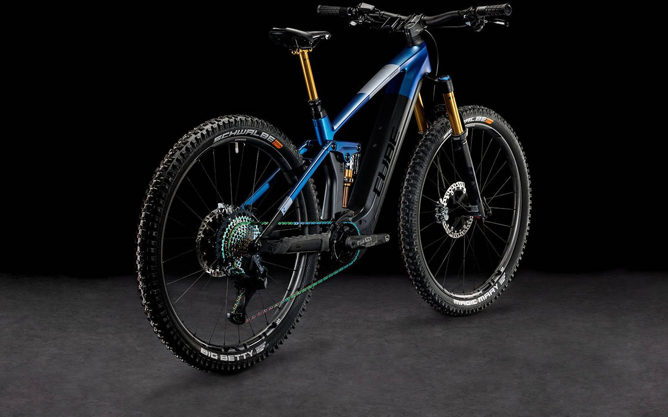 2024 Cube Stereo Hybrid 140 HPC SLT 750 Electric Full Suspension Mountain Bike In Nebula & Carbon Angled Rear View
