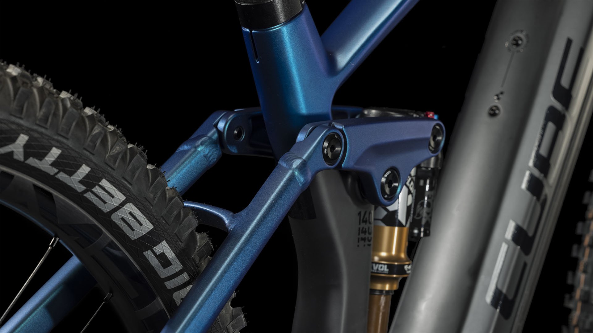 2024 Cube Stereo Hybrid 140 HPC SLT 750 Electric Full Suspension Mountain Bike In Nebula & Carbon Rear Shock Hardware