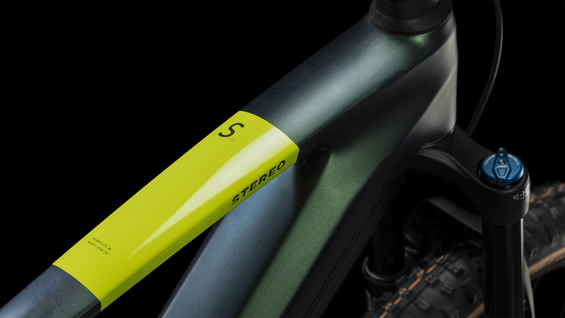 2024 Cube Stereo Hybrid 140 HPC SLX 750 Electric Full Suspension Mountain Bike In Goblin Green Yellow Crossbar Logo