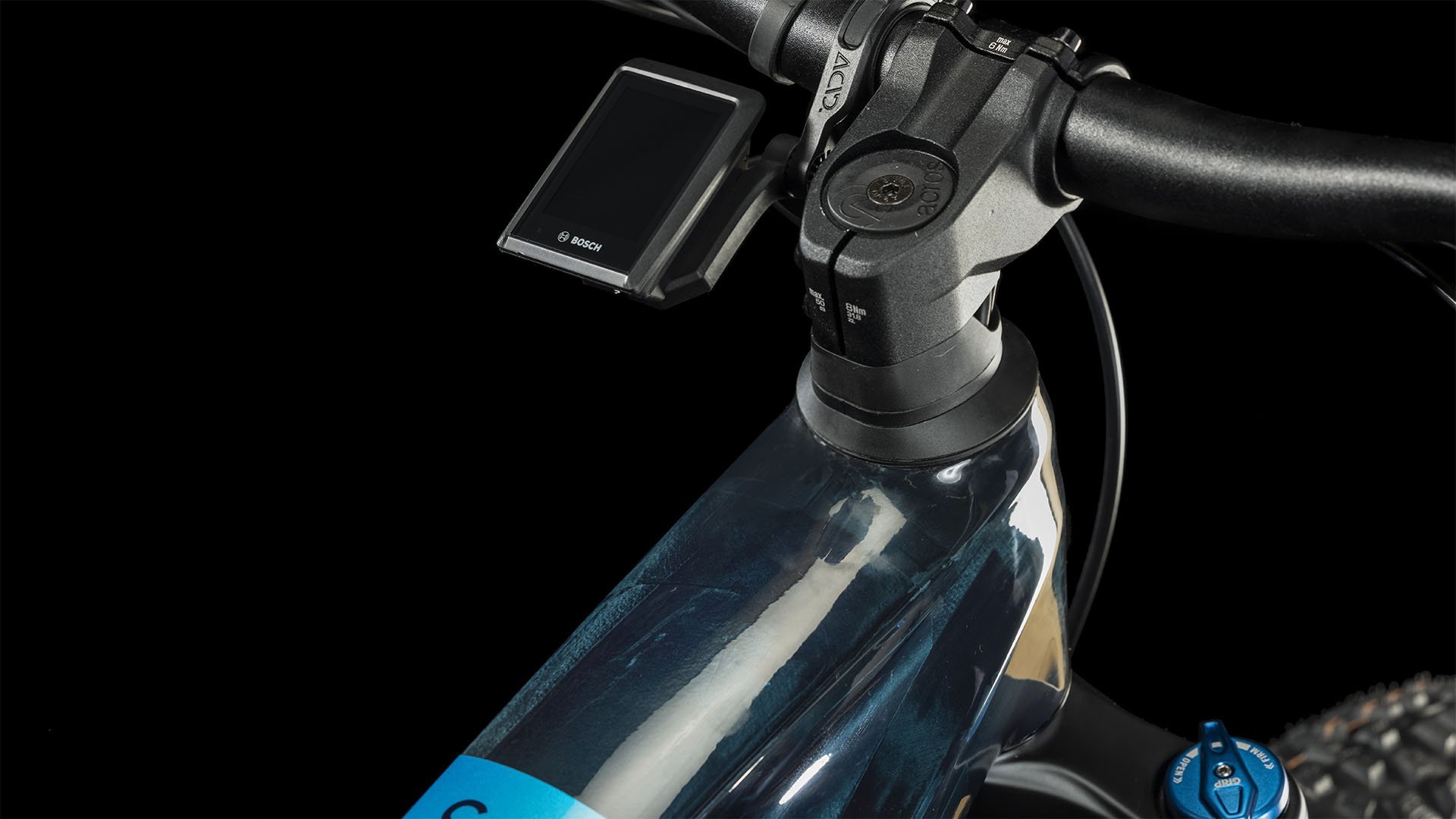 2024 Cube Stereo Hybrid 140 HPC SLX 750 Electric Full Suspension Mountain Bike In Liquid & Blue Display