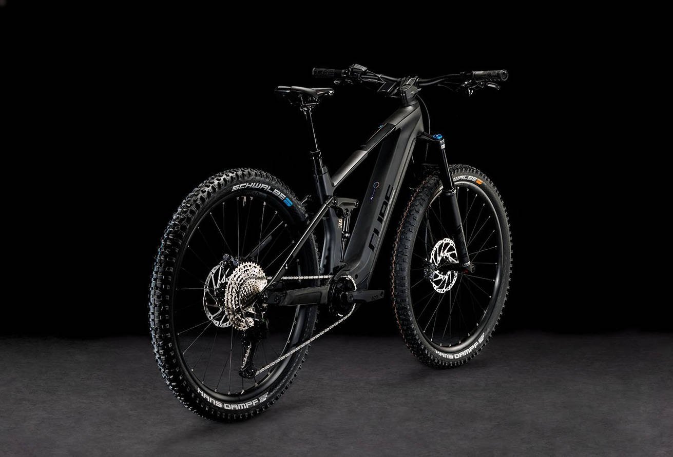 2024 Cube Stereo Hybrid 140 HPC SLX 750 Electric Full Suspension Mountain Bike in Carbon Reflex Angled Rear View