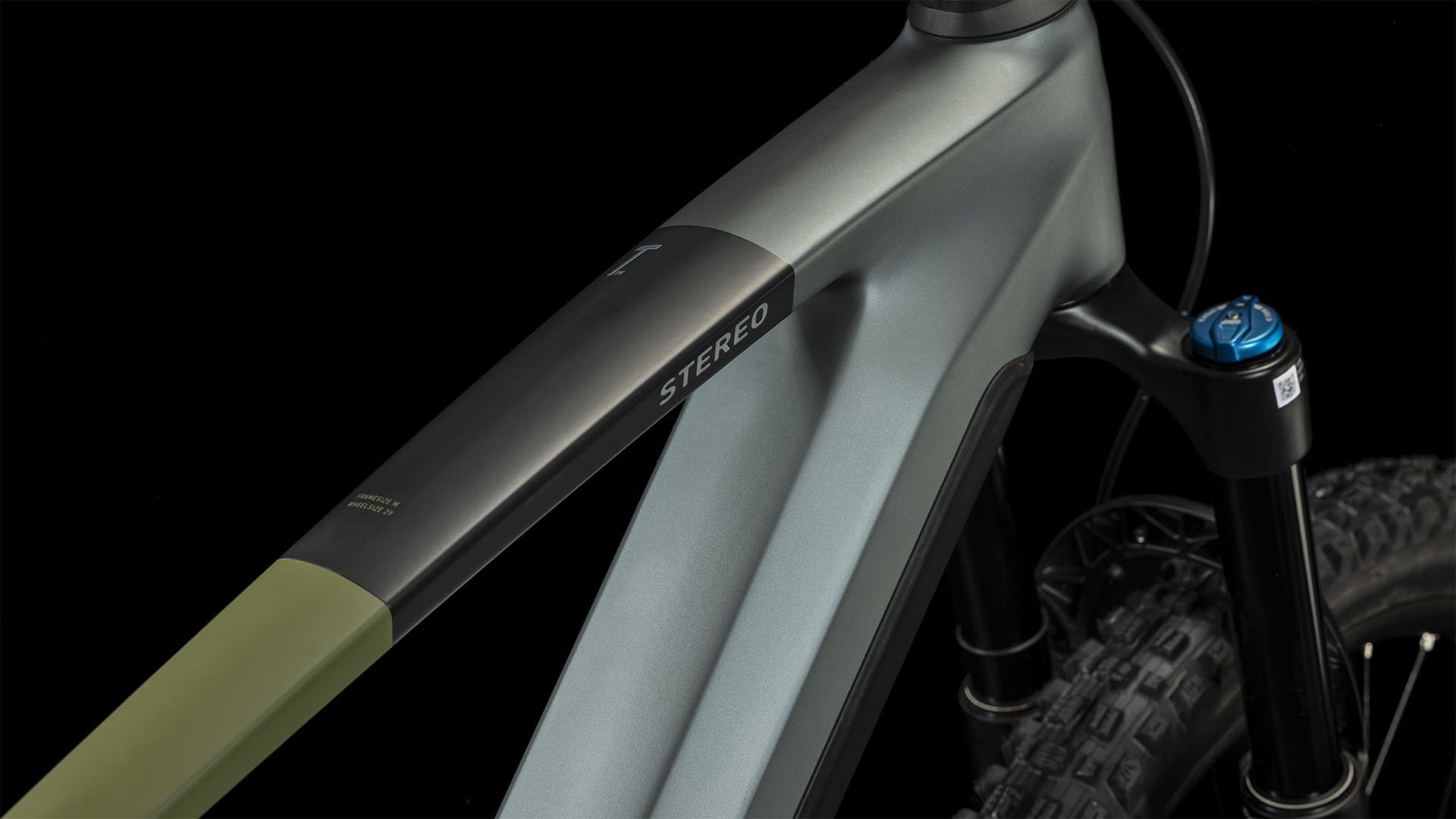 2024 Cube Stereo Hybrid 140 HPC TM 750 Electric Full Suspension Mountain Bike In Flash Grey Olive Crossbar Logo