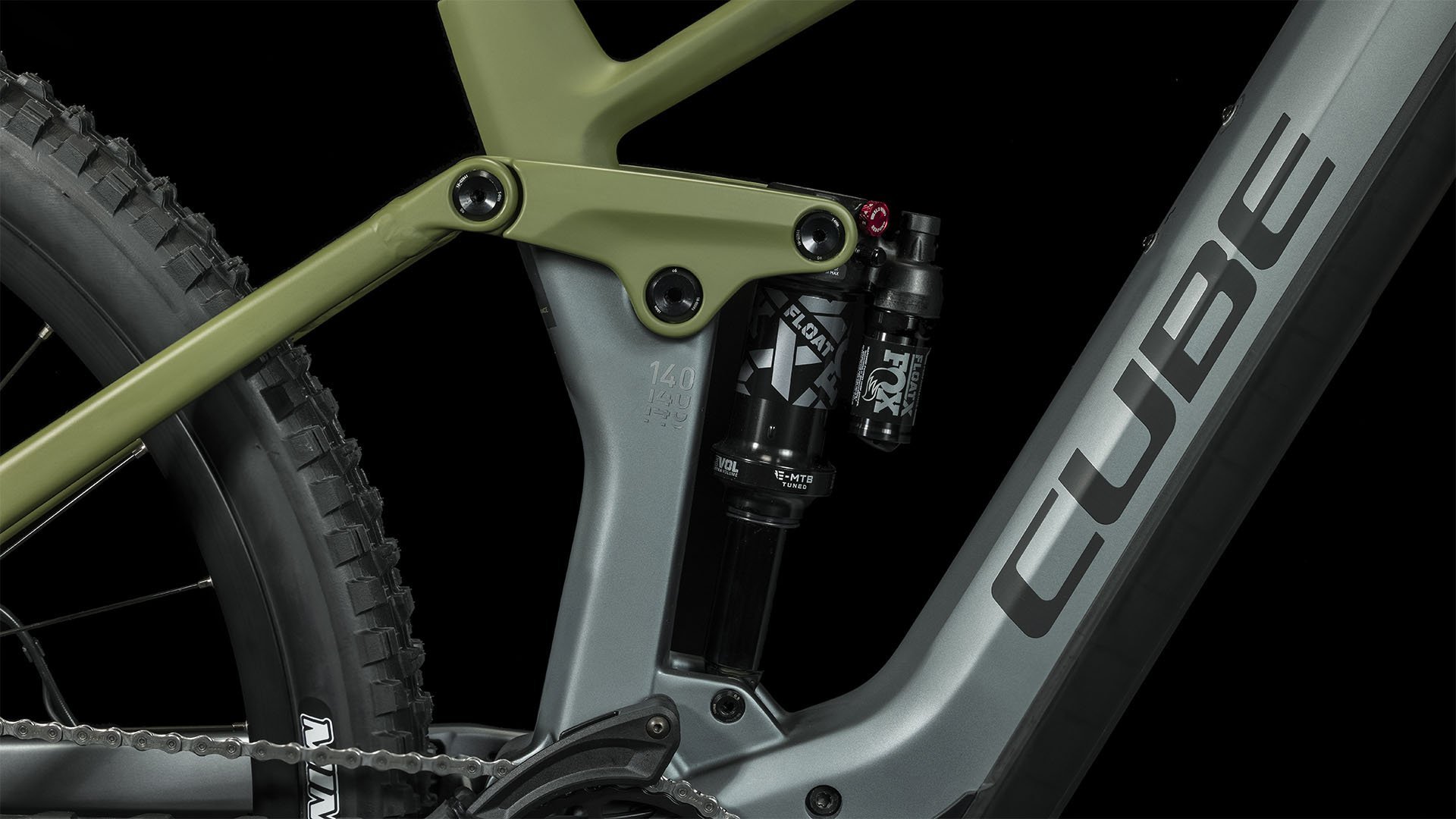 2024 Cube Stereo Hybrid 140 HPC TM 750 Electric Full Suspension Mountain Bike In Flash Grey Olive Rear Shock