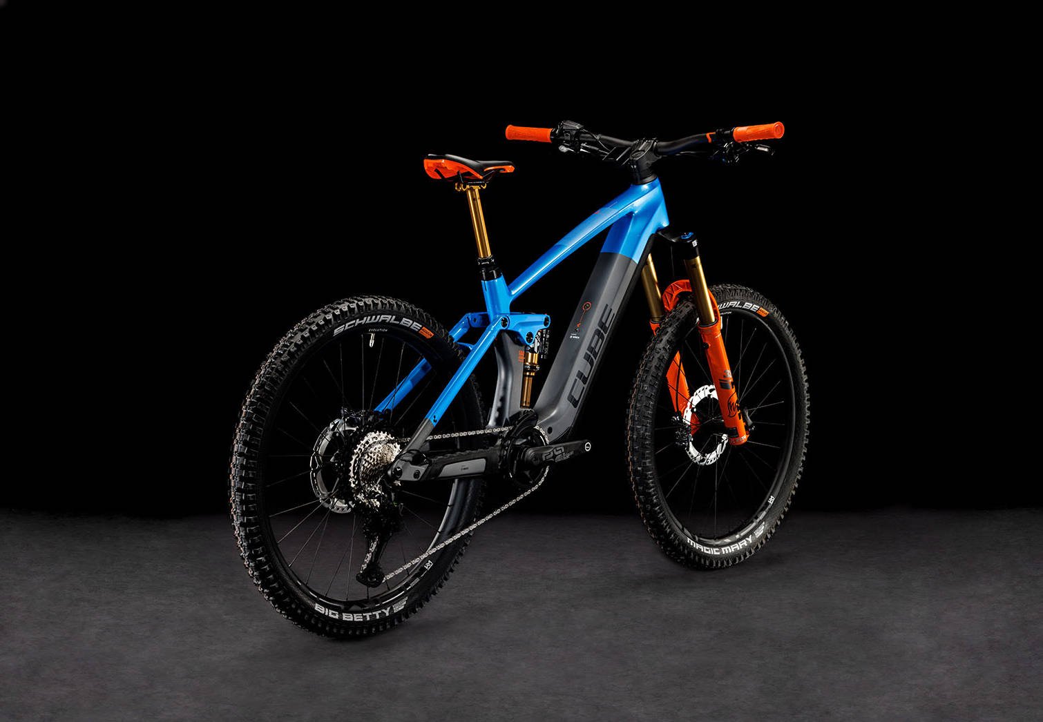 2024 Cube Stereo Hybrid 160 HPC Actionteam 750 Electric Full Suspension Mountain Bike Angled Rear View