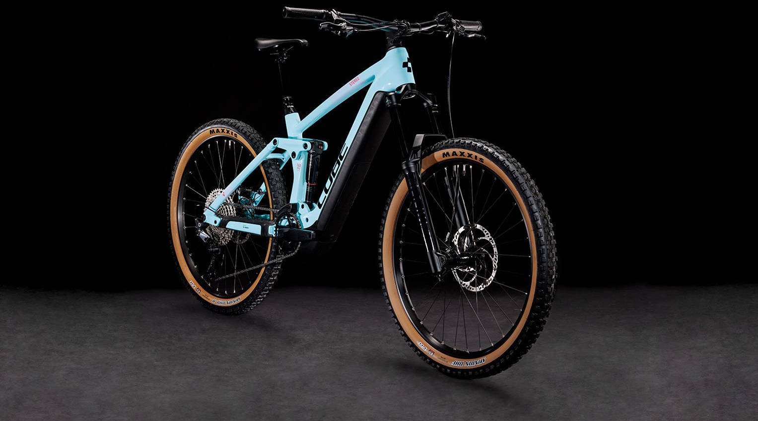 2024 Cube Stereo Hybrid 160 HPC Race 750 Electric Full Suspension Mountain Bike In Ice Blue Angled Front View