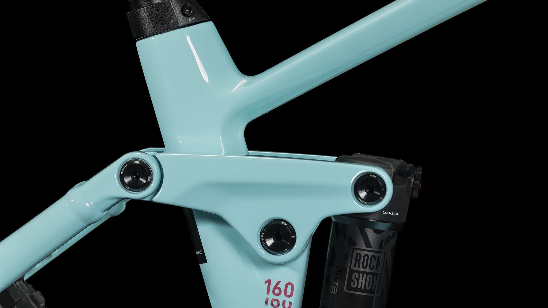 2024 Cube Stereo Hybrid 160 HPC Race 750 Electric Full Suspension Mountain Bike In Ice Blue Rear Shock Close Up View