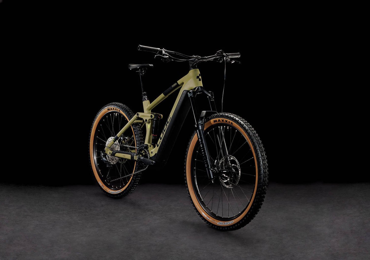 2024 Cube Stereo Hybrid 160 HPC Race 750 Full Suspension Electric Mountain Bike In Olive Angled Front View