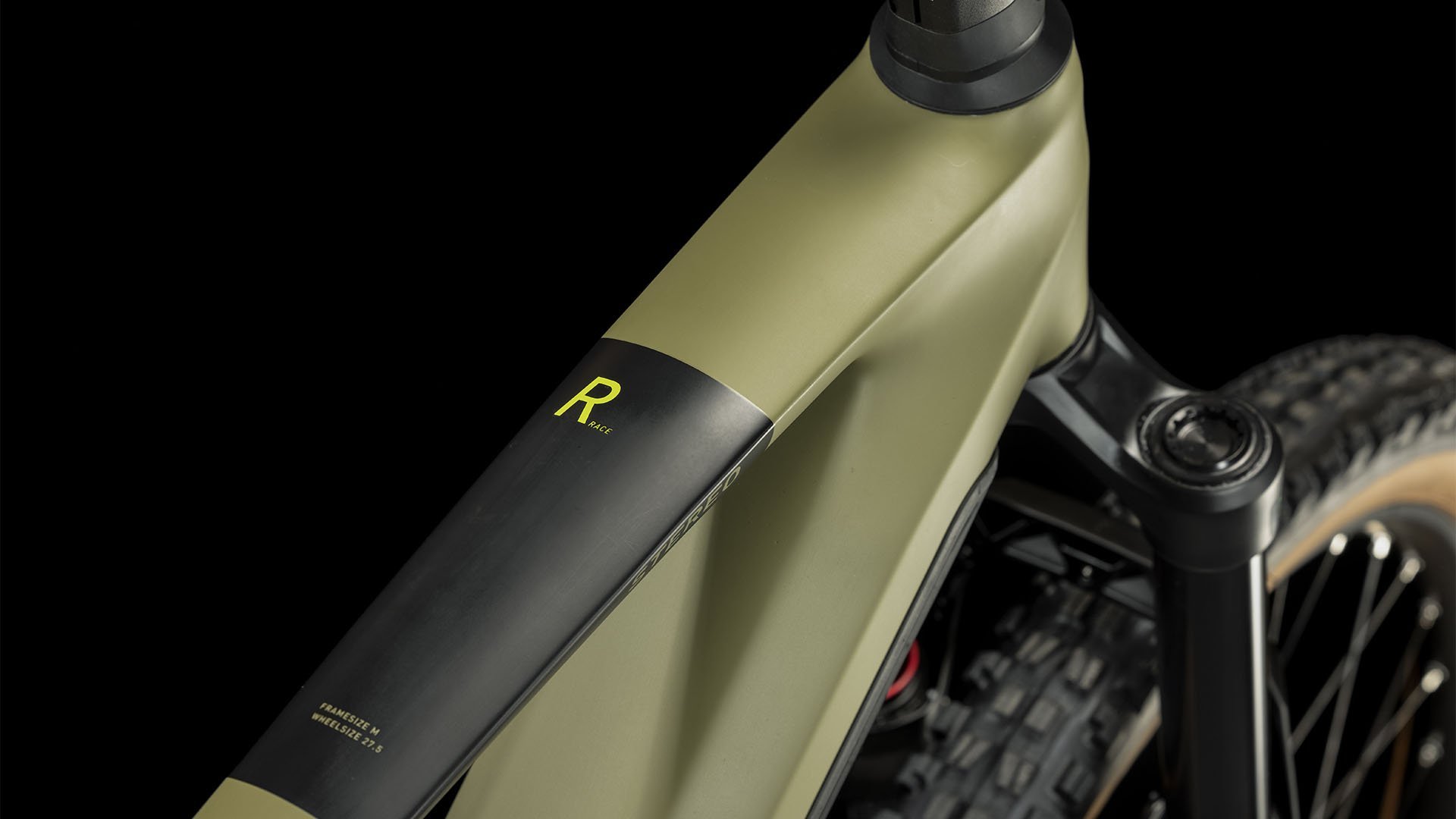 2024 Cube Stereo Hybrid 160 HPC Race 750 Full Suspension Electric Mountain Bike In Olive Crossbar Logo