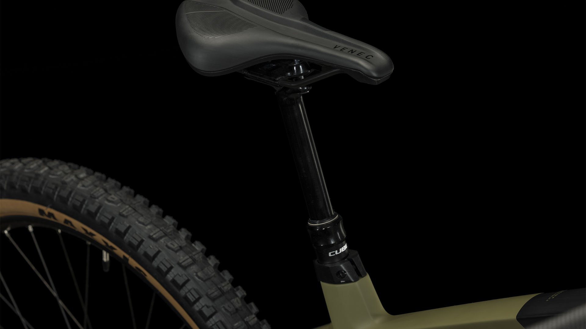 2024 Cube Stereo Hybrid 160 HPC Race 750 Full Suspension Electric Mountain Bike In Olive Seatpost and Saddle