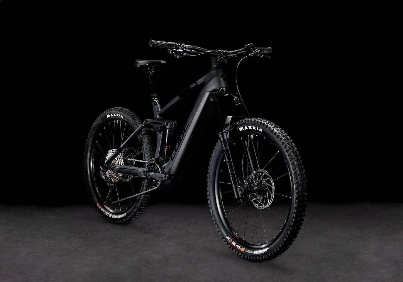 2024 Cube Stereo Hybrid 160 HPC SLX 750 Electric Full Suspension Mountain Bike In Carbon Angled Front View