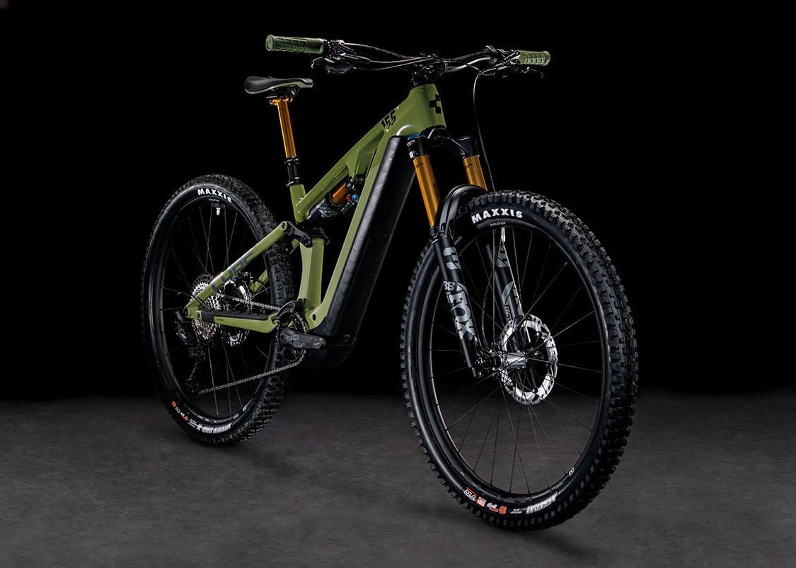 2024 Cube Stereo Hybrid One55 C68X TM 750 Electric Full Suspension Mountain Bike in Olive Angled Front View