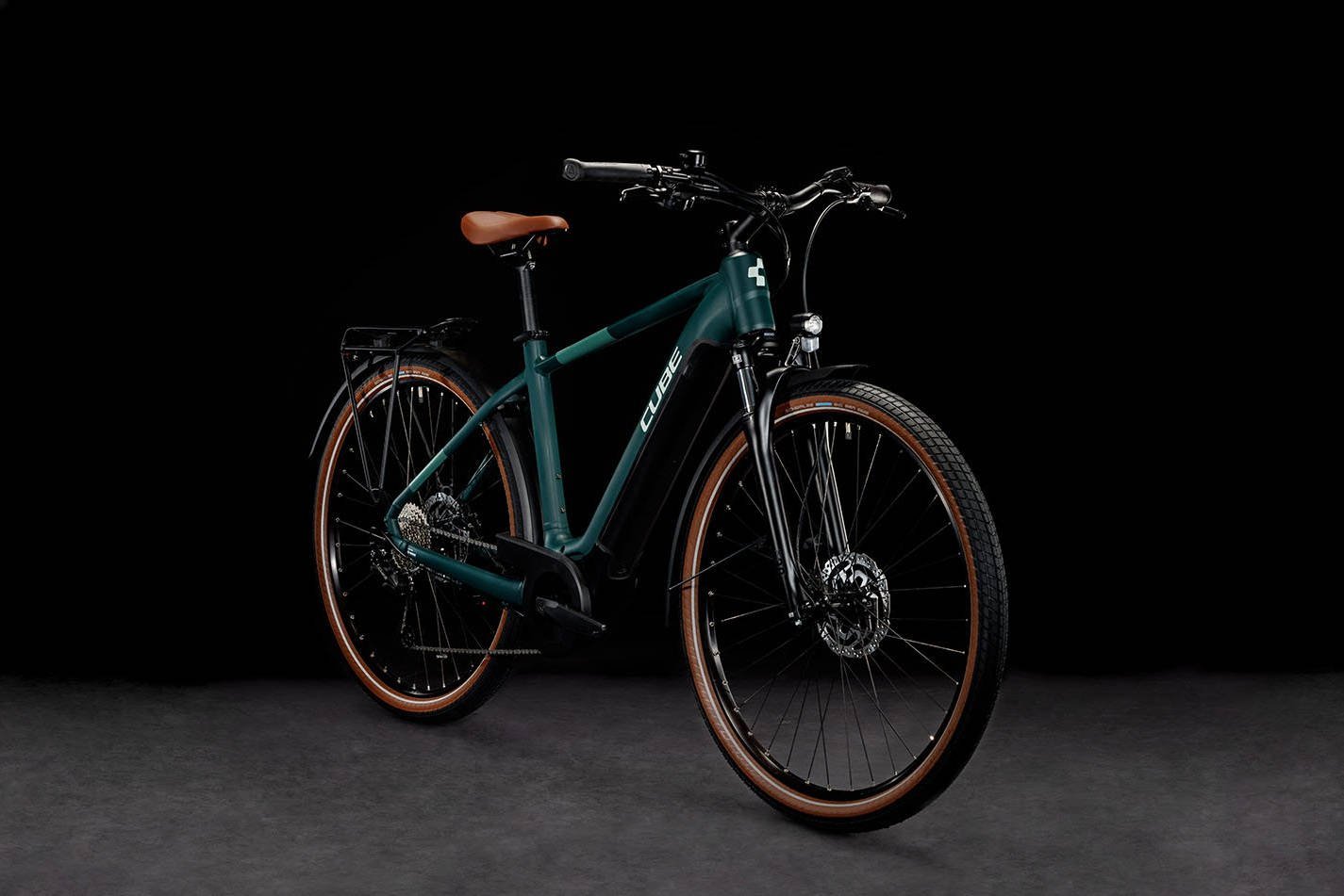 2024 Cube Touring Hybrid One 625 Crossbar Electric Bike In Dark Green Angled Front View