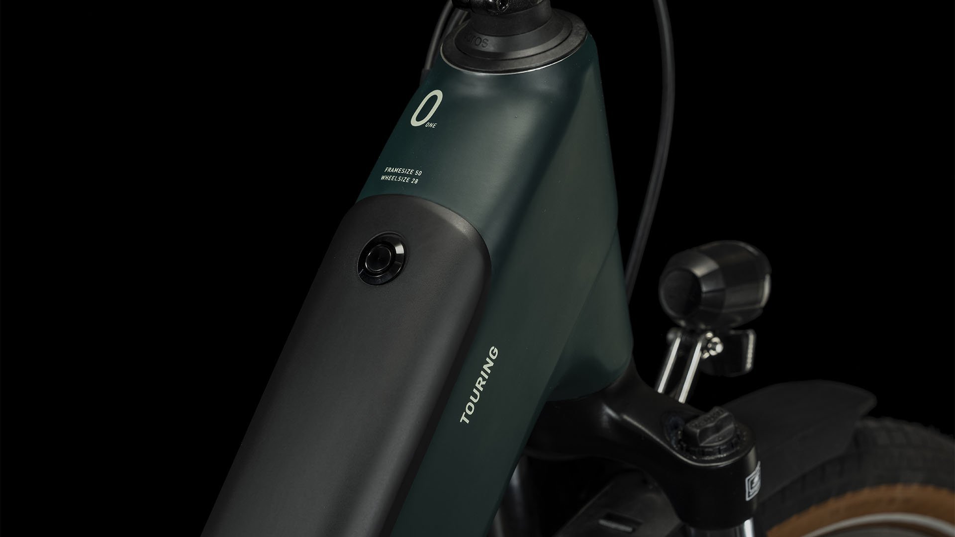2024 Cube Touring Hybrid One 625 Easy Entry Electric Bike In Dark Green Battery Cover and Downtube Logo