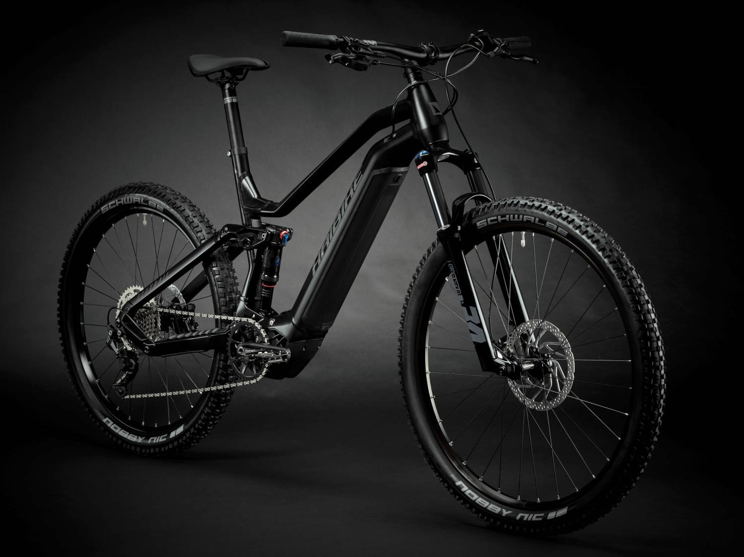 2024 Haibike Alltrail 3 720Wh Electric Full Suspension Mountain Bike In Black & Titan Angled Front View