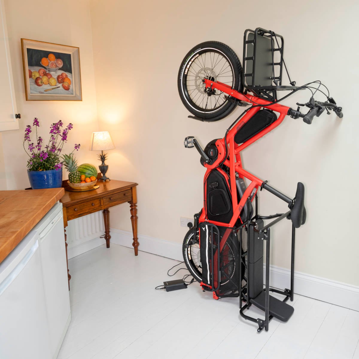 2024 Tern Quick Haul Long D9 Electric Cargo Bike In Satin Black Vertically Stored