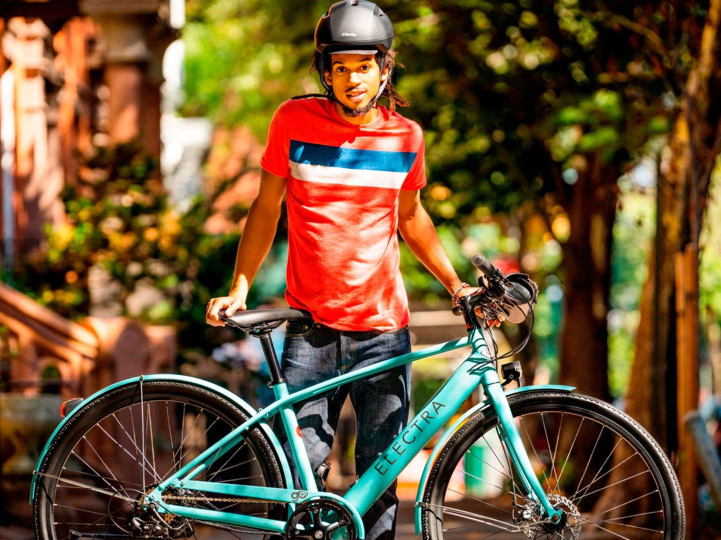 2025 Electra Loft Go! 7D EQ Step-Over Hub Motor Electric Bike In Matte Cadet Blue Action Shot 2