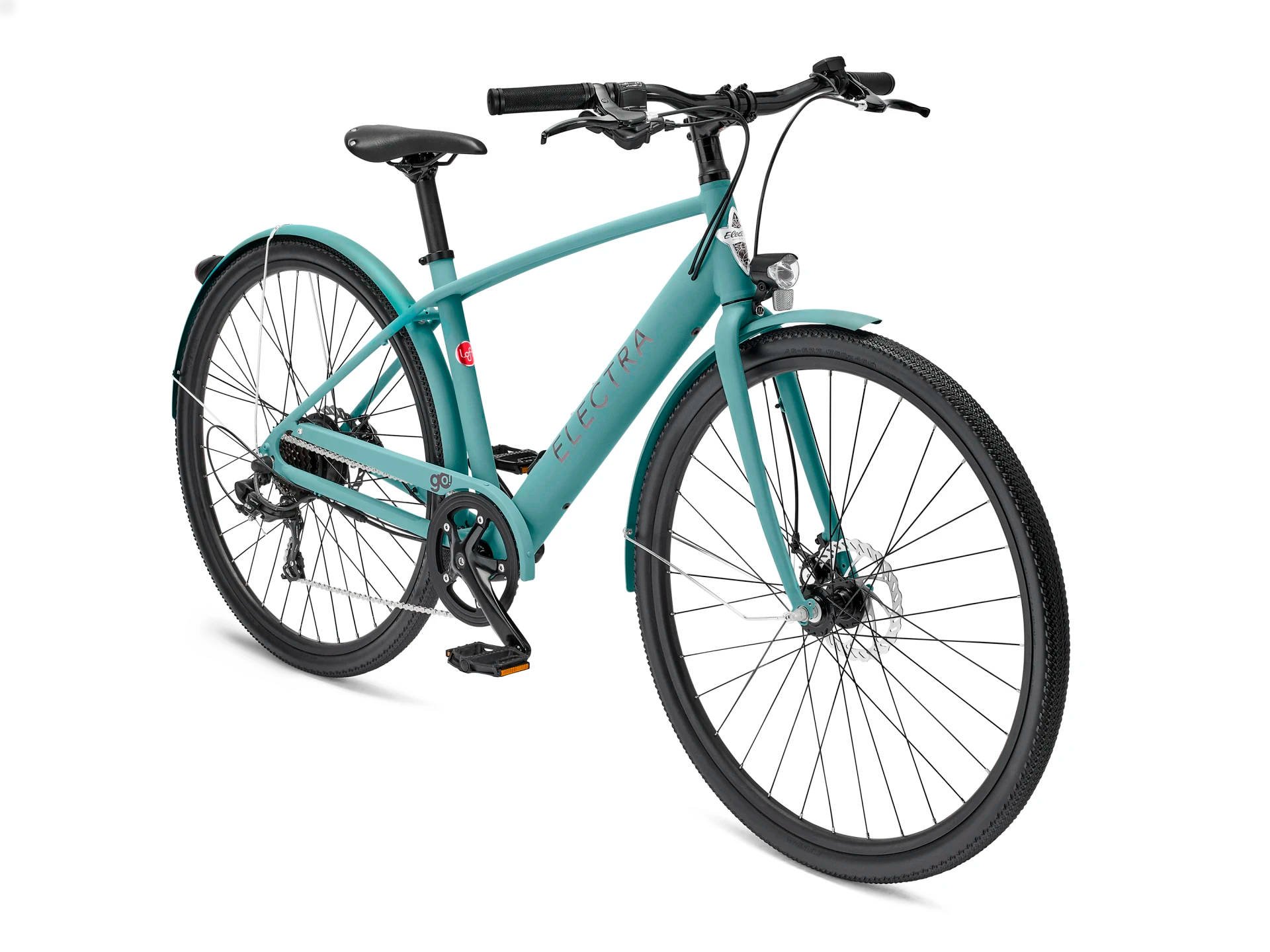 2025 Electra Loft Go! 7D EQ Step-Over Hub Motor Electric Bike In Matte Cadet Blue Angled Front View