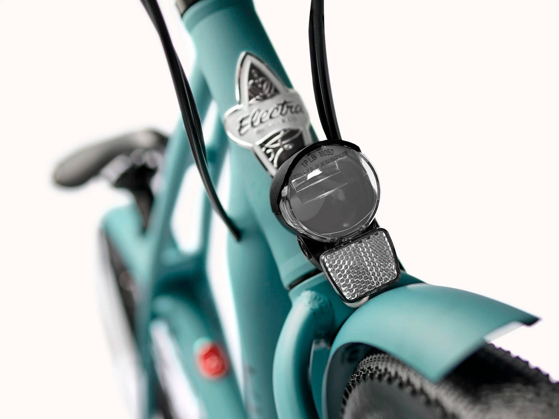 2025 Electra Loft Go! 7D EQ Step-Over Hub Motor Electric Bike In Matte Cadet Blue Headlight