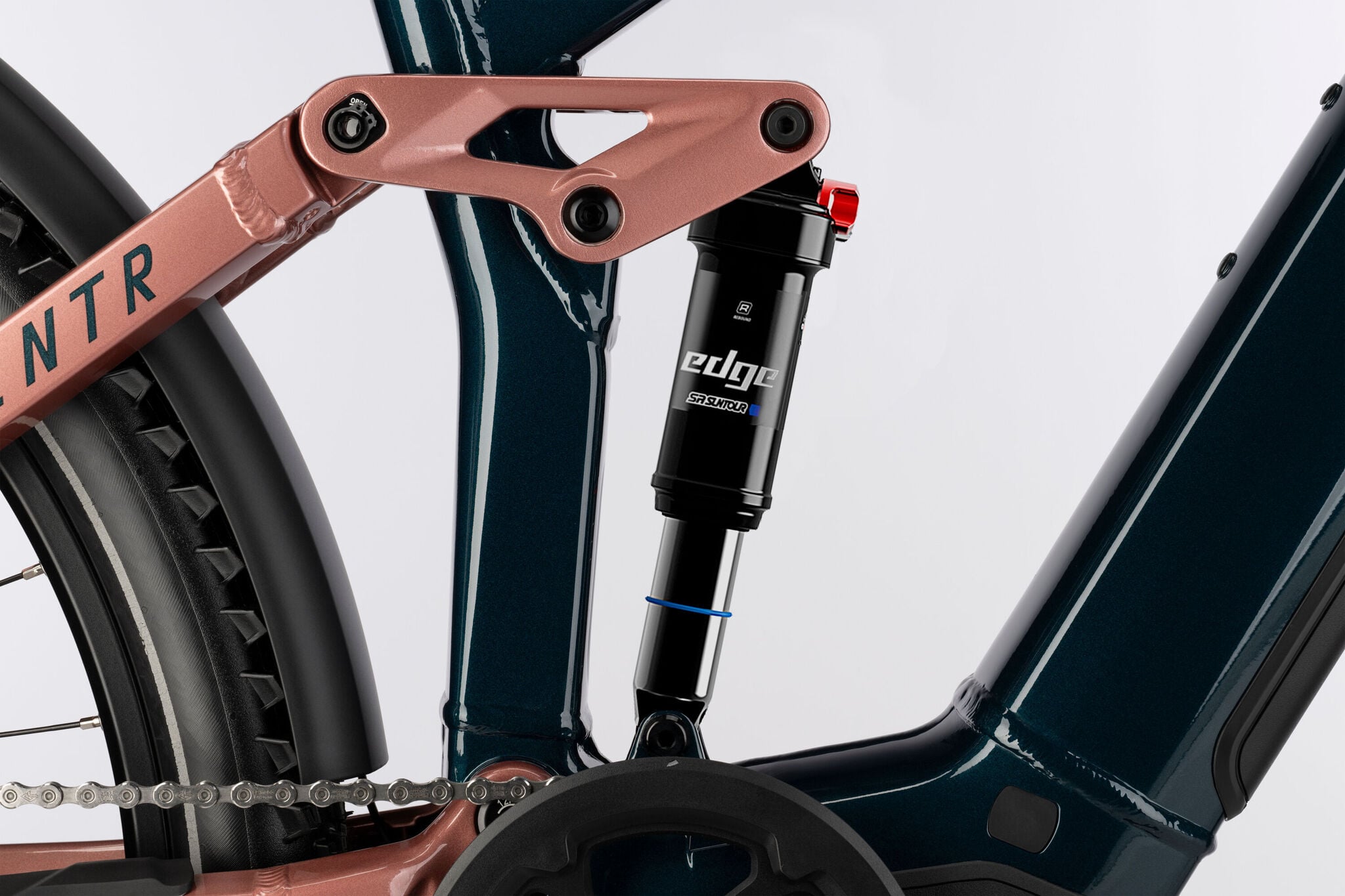 2025 Haibike Adventr 8.5 High Full Suspension Electric Mountain Bike In Mystery & Copper Gloss Rear Shock