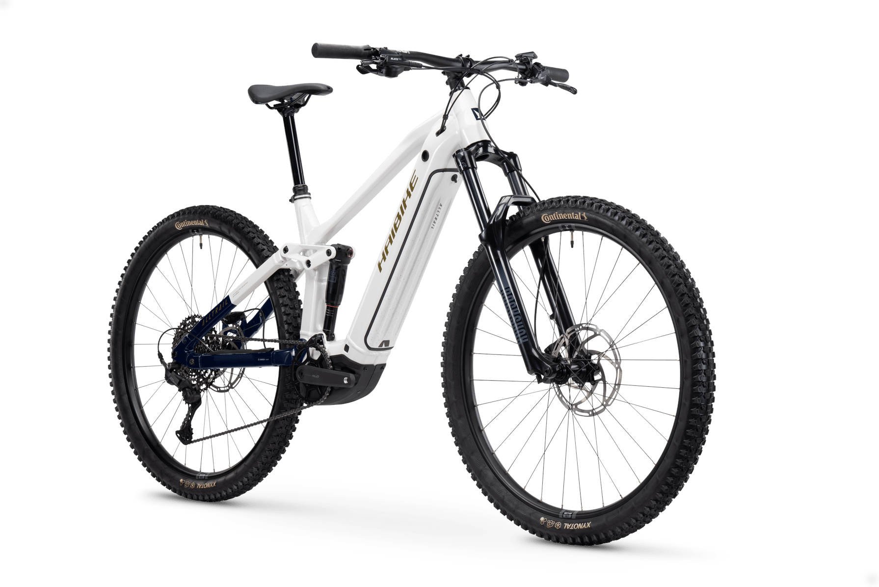 2025 Haibike AllTrail 8 High Electric Full Suspension Mountain Bike In White, Blue Gold Gloss Angled Front View