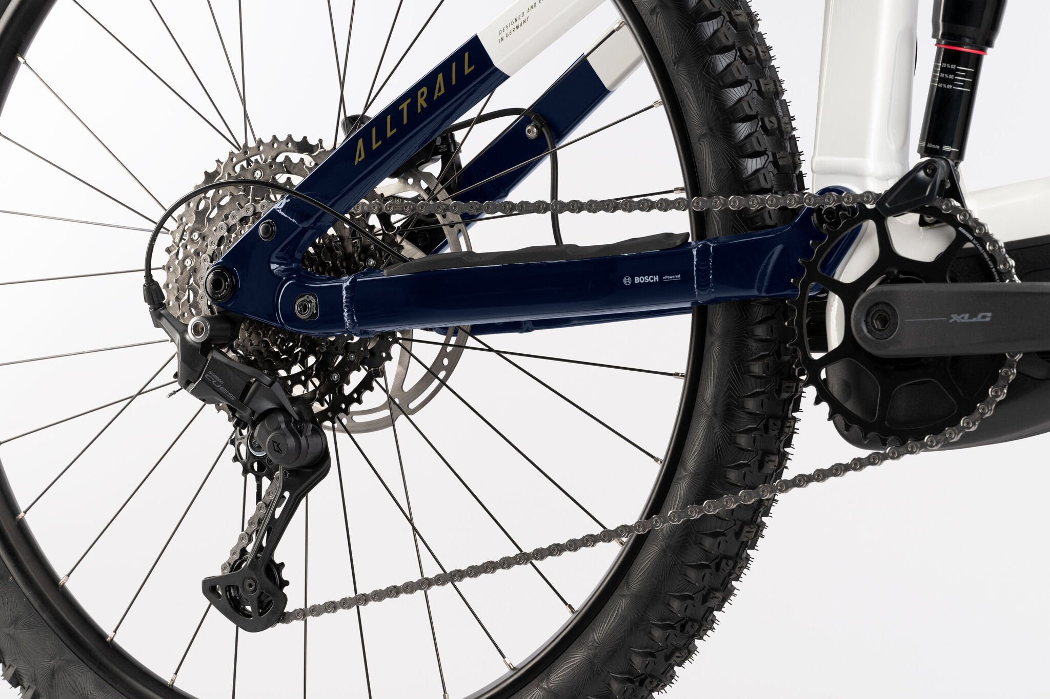 2025 Haibike AllTrail 8 High Electric Full Suspension Mountain Bike In White, Blue Gold Gloss Drivetrain