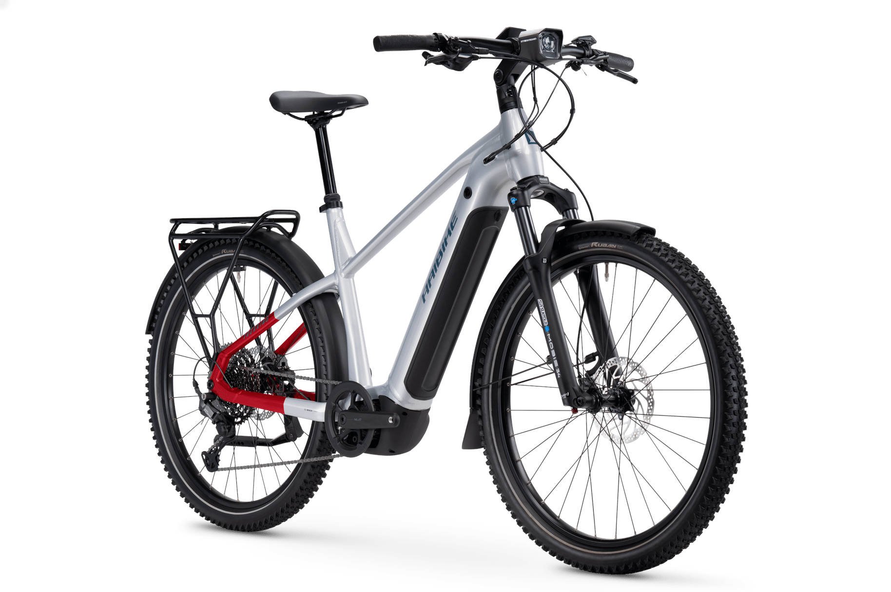 2025 Haibike Trekking 7 High Electric Bike In Soft Grey, Red & Blue Gloss Angled Front View