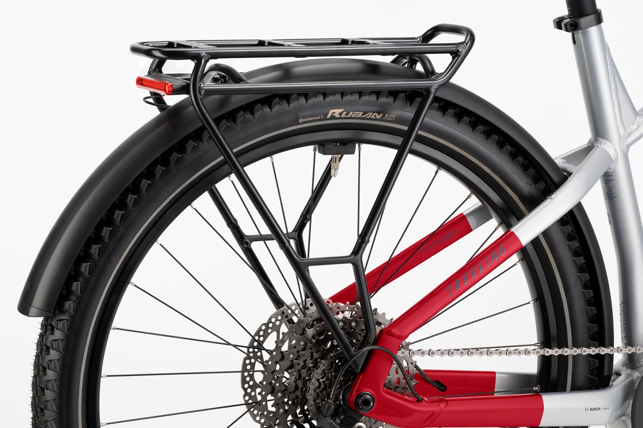 2025 Haibike Trekking 7 High Electric Bike In Soft Grey, Red & Blue Gloss Rear Mudguard and Carrier