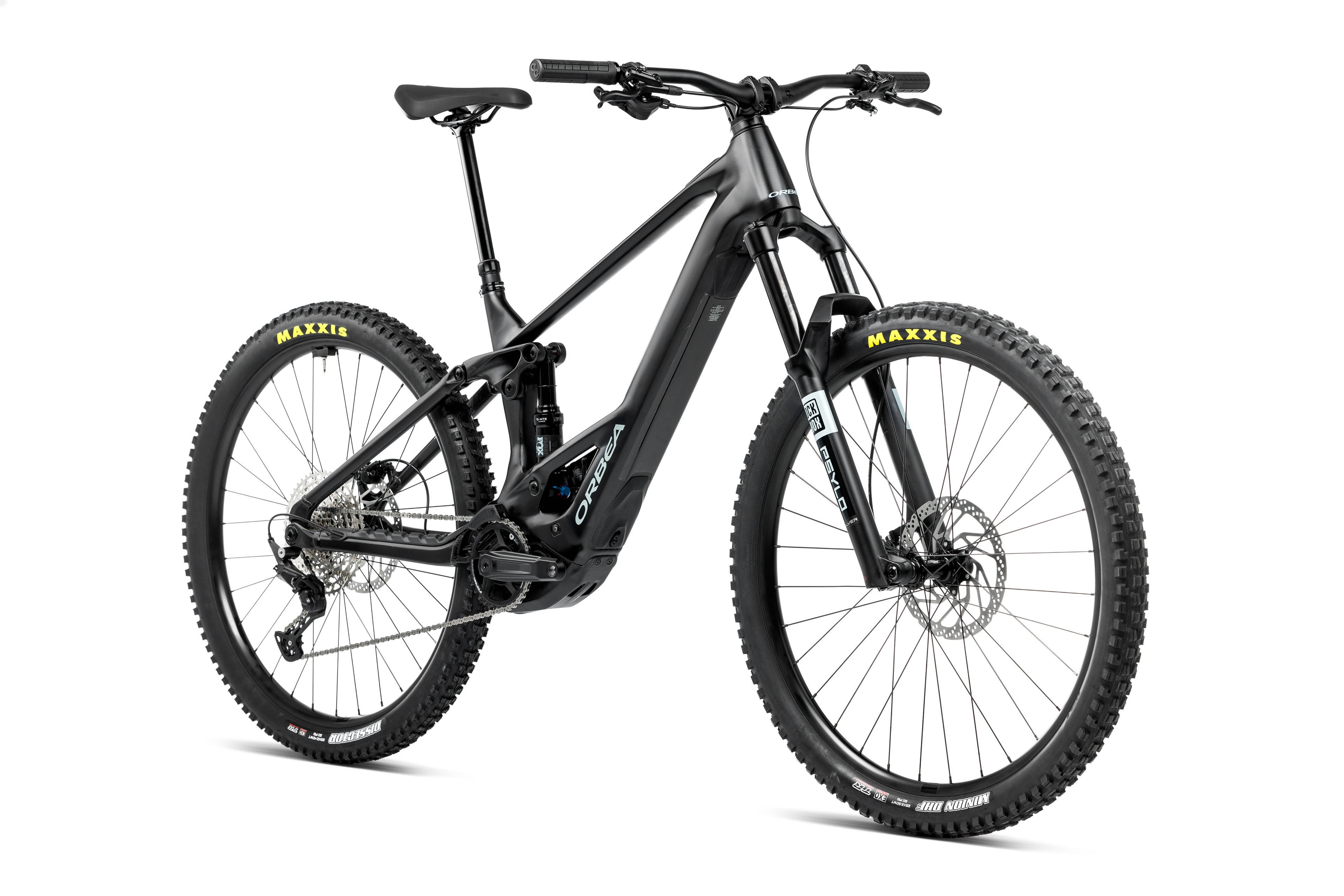 2025 Orbea Wild ST H30 Electric Full Suspension Mountain Bike In Diamond Black & Blue Stone Matt Angled Front View