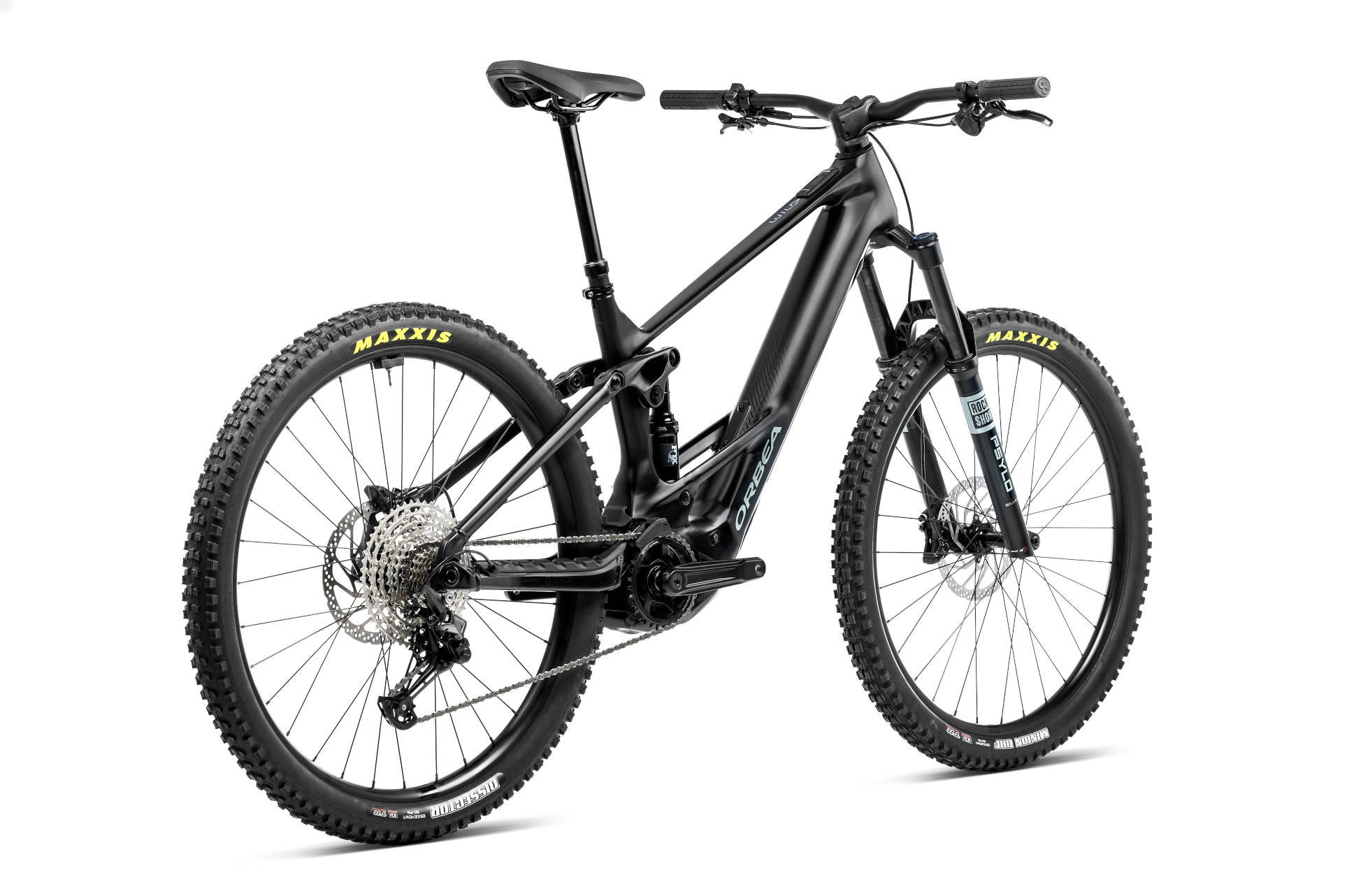 2025 Orbea Wild ST H30 Electric Full Suspension Mountain Bike In Diamond Black & Blue Stone Matt Angled Rear View