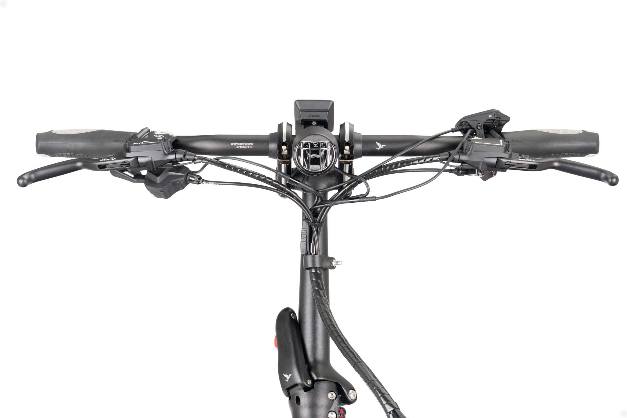 2025 Tern GSD S10 Gen3 545Wh Electric Cargo Bike Headlight and Handlebar Front View