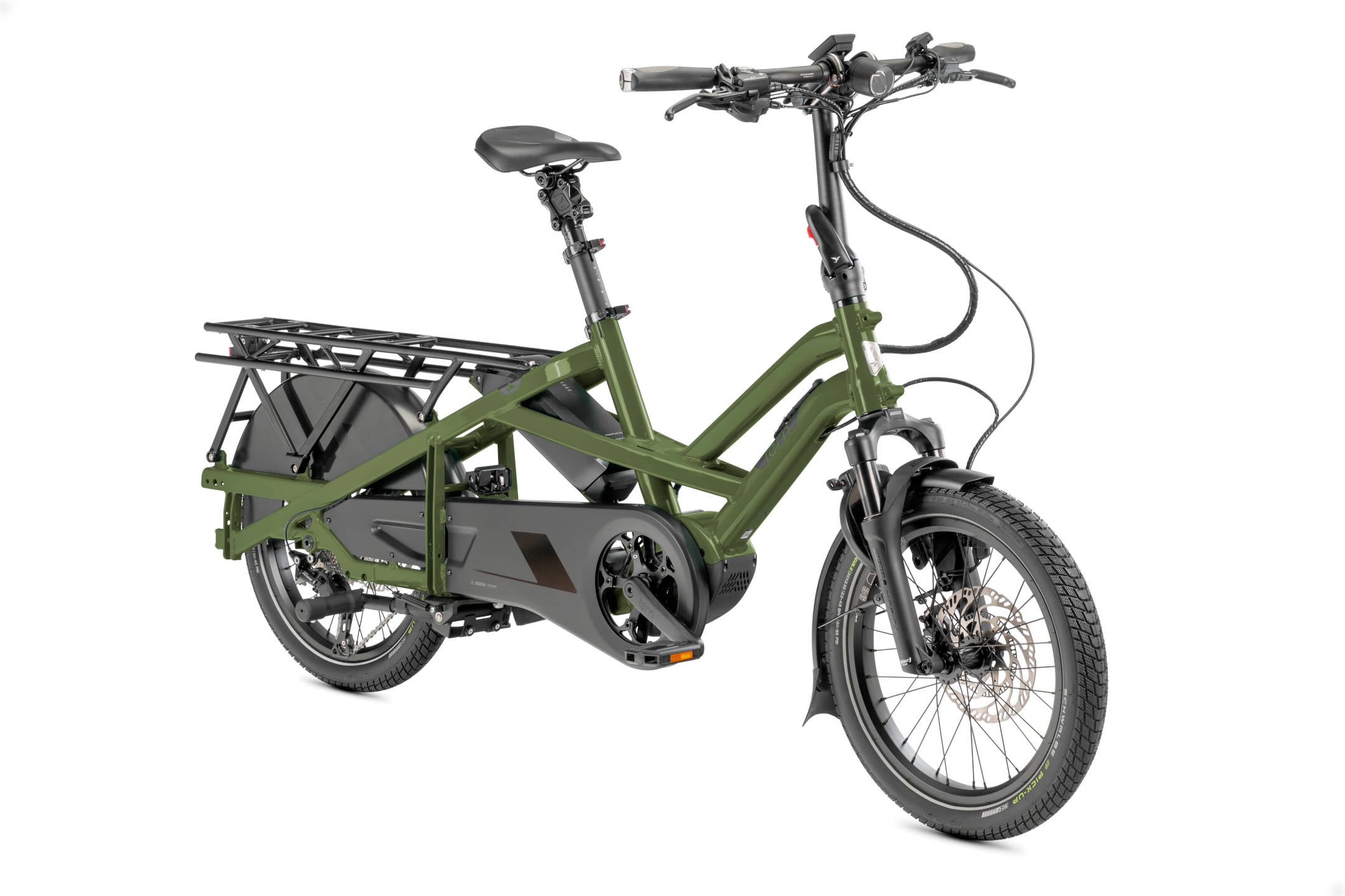2025 Tern GSD S10 Gen3 545Wh Electric Cargo Bike In Olive Green Dark Grey Angled Front View