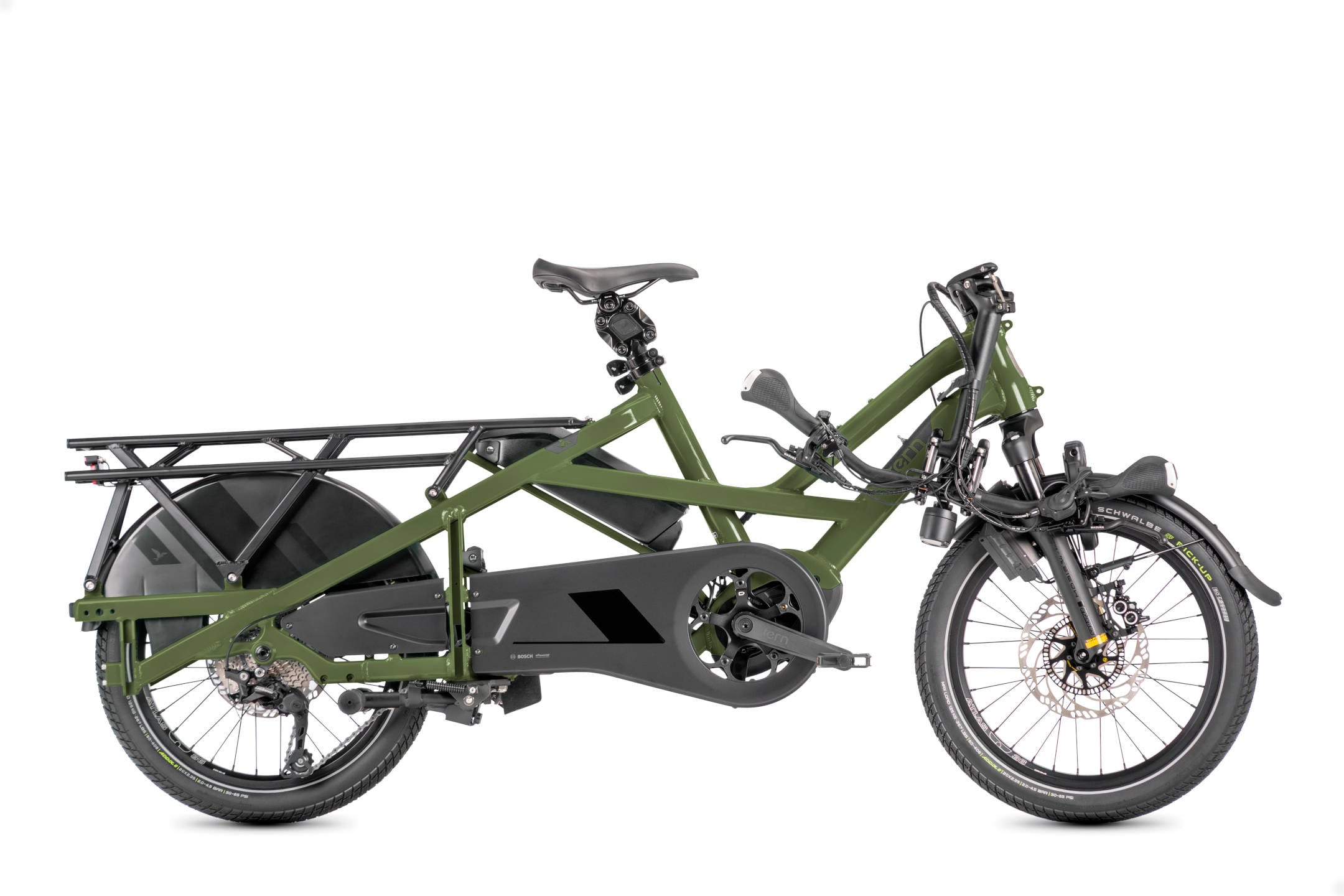 2025 Tern GSD S10 Gen3 545Wh Electric Cargo Bike In Olive Green Dark Grey Folded