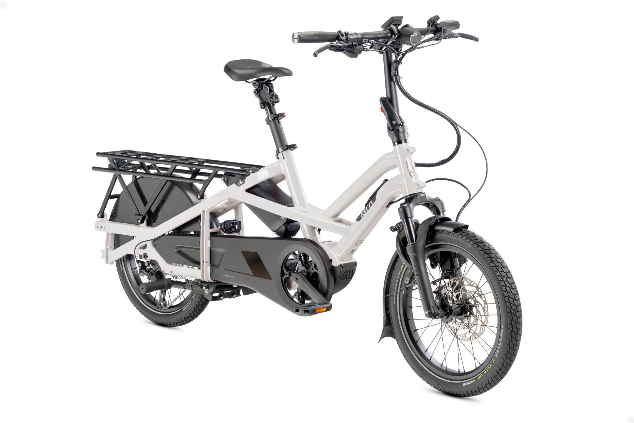 2025 Tern GSD S10 Gen3 545Wh Electric Cargo Bike In Pearl White Dark Grey Angled Front View
